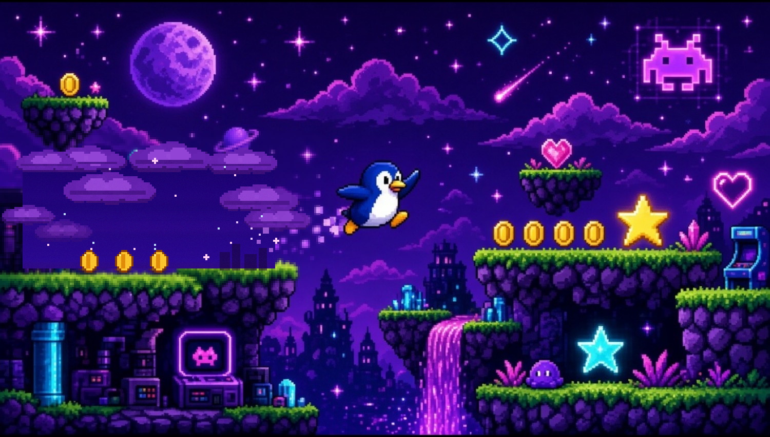 Purple night pixel platformer scene with a penguin