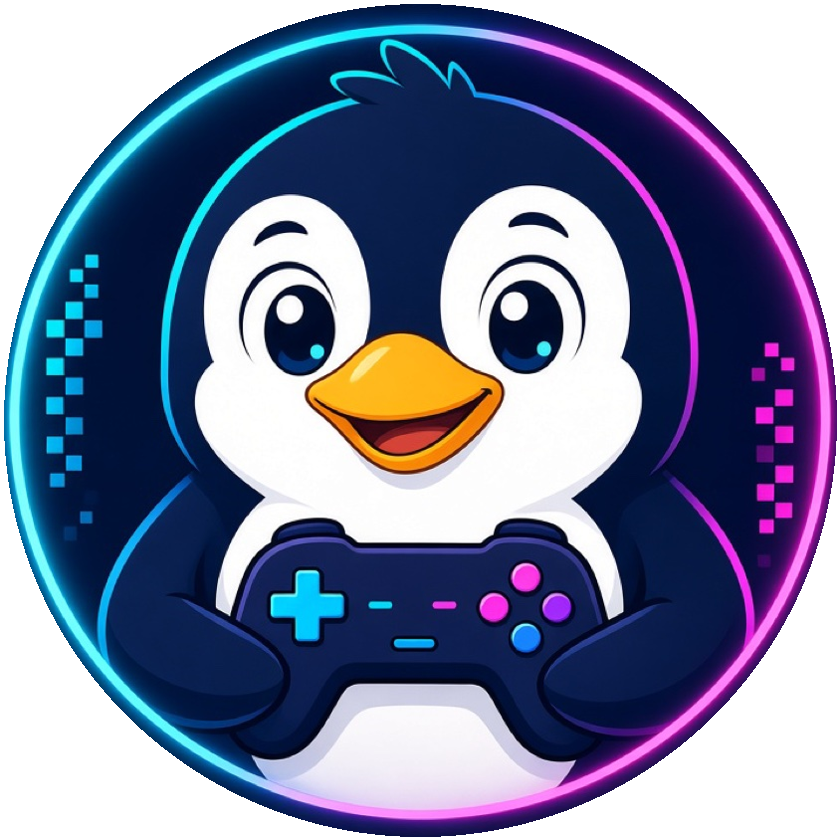 Penguin mascot holding a game controller